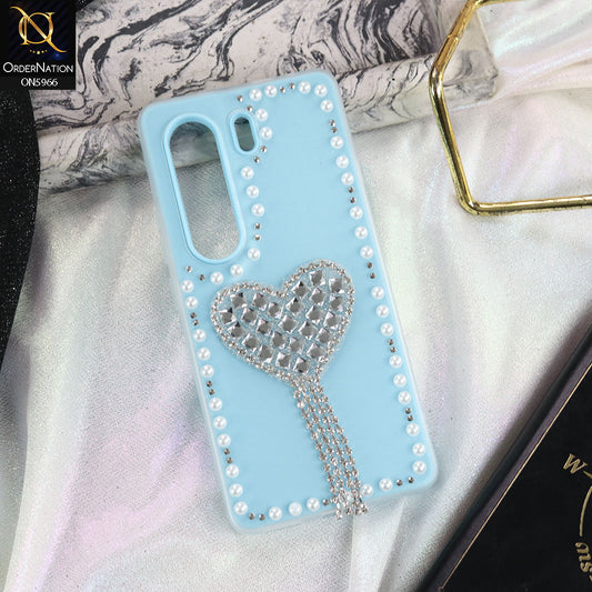 Tecno Camon 40 Cover - SkyBlue -  Stuninng Pearls And Heart Shaped RhineStones Hard Case With Double Protective Layers