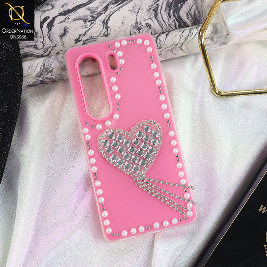 Tecno Camon 40 Pro Cover - Pink -  Stuninng Pearls And Heart Shaped RhineStones Hard Case With Double Protective Layers