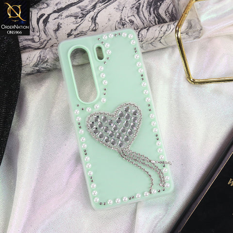 Tecno Camon 40 Pro Cover - Sea green -  Stuninng Pearls And Heart Shaped RhineStones Hard Case With Double Protective Layers