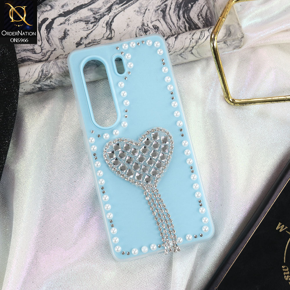 Tecno Camon 40 Pro Cover - SkyBlue -  Stuninng Pearls And Heart Shaped RhineStones Hard Case With Double Protective Layers