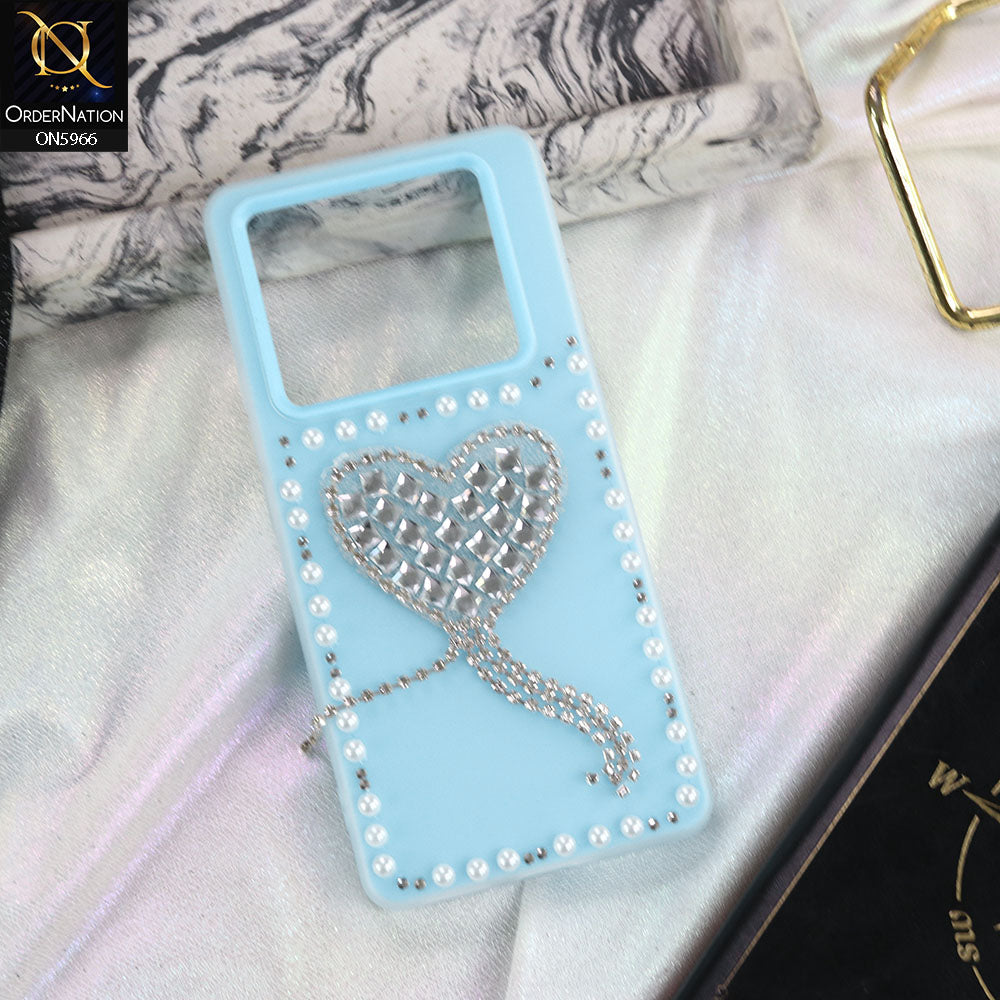 Infinix Note 40 Pro Cover - SkyBlue -  Stuninng Pearls And Heart Shaped RhineStones Hard Case With Double Protective Layers