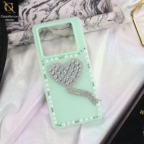 Infinix Note 40 Pro Cover - Sea green -  Stuninng Pearls And Heart Shaped RhineStones Hard Case With Double Protective Layers