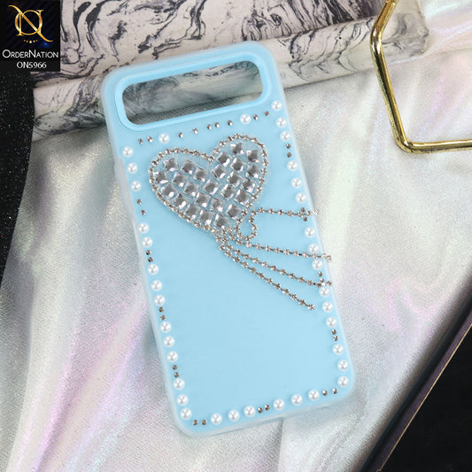 Infinix Smart 10 Plus Cover - SkyBlue -  Stuninng Pearls And Heart Shaped RhineStones Hard Case With Double Protective Layers