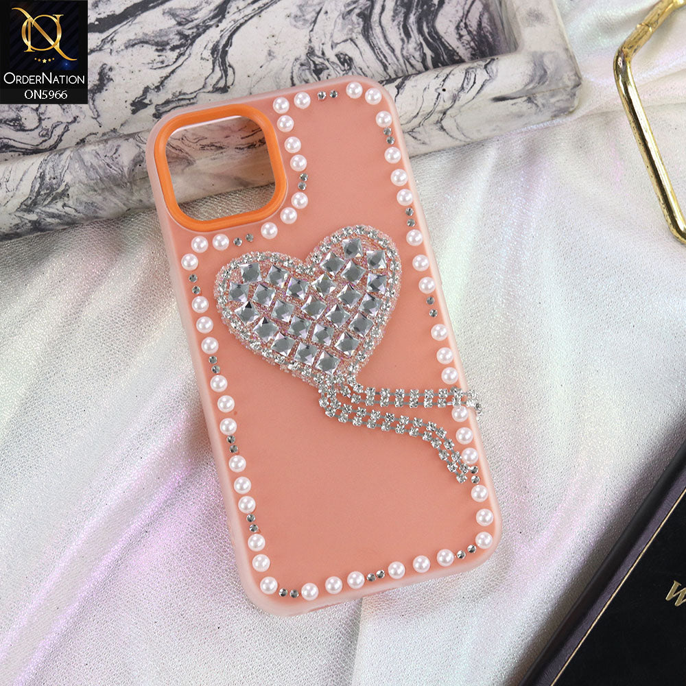 iPhone 11 Cover - Peach -  Stuninng Pearls And Heart Shaped RhineStones Hard Case With Double Protective Layers