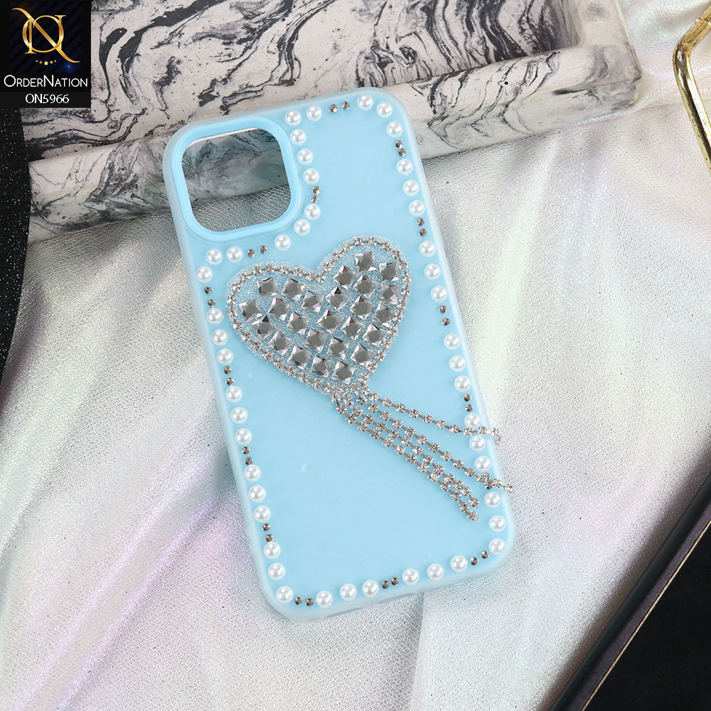 iPhone 11 Cover - SkyBlue -  Stuninng Pearls And Heart Shaped RhineStones Hard Case With Double Protective Layers