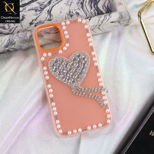 iPhone 11 Pro Cover - Peach - Stuninng Pearls And Heart Shaped RhineStones Hard Case With Double Protective Layers