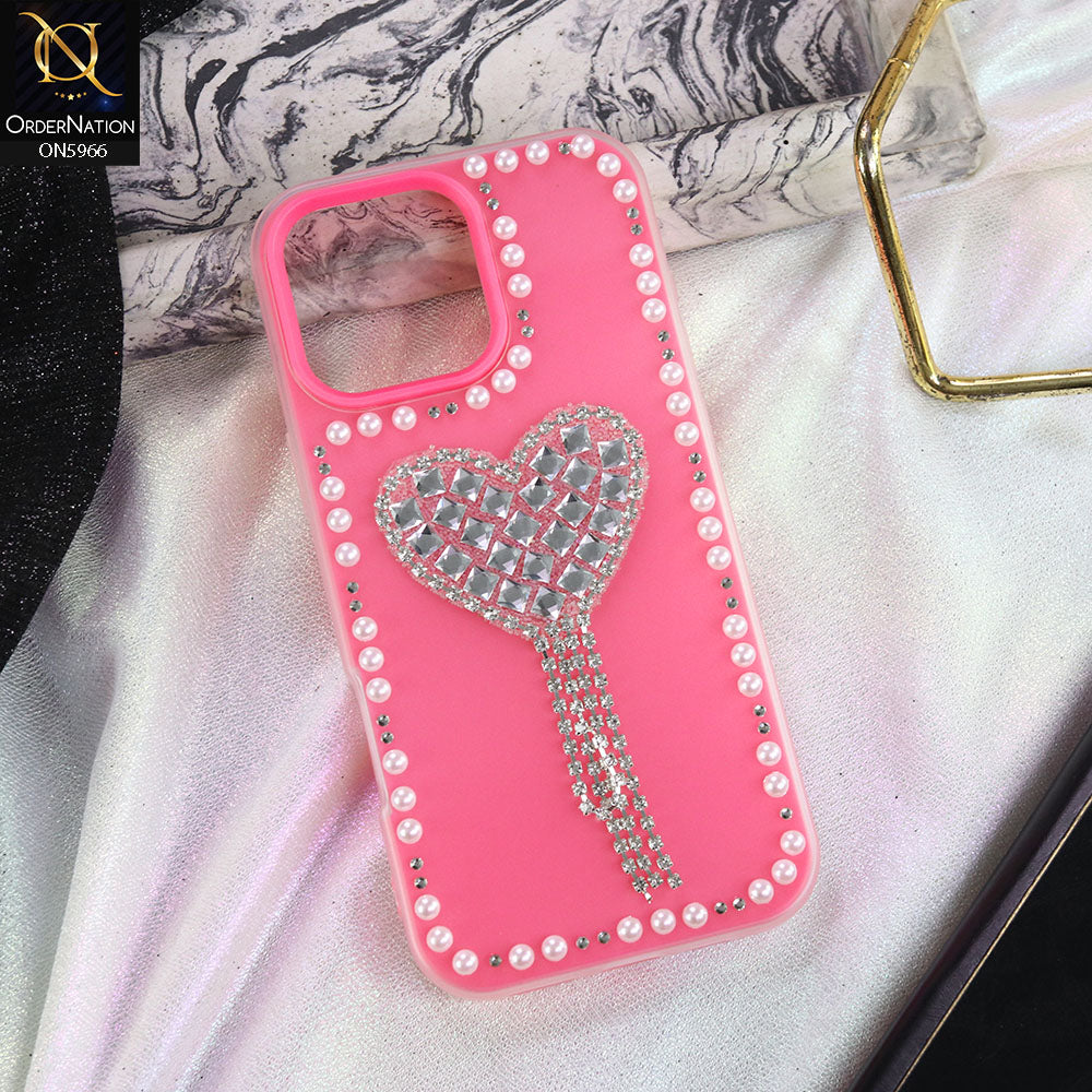 iPhone 13 Pro Cover - Pink -  Stuninng Pearls And Heart Shaped RhineStones Hard Case With Double Protective Layers