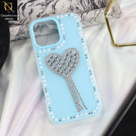 iPhone 13 Pro Max Cover - SkyBlue -  Stuninng Pearls And Heart Shaped RhineStones Hard Case With Double Protective Layers