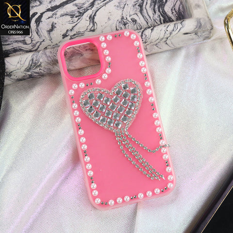iPhone 14 Cover - Pink -  Stuninng Pearls And Heart Shaped RhineStones Hard Case With Double Protective Layers