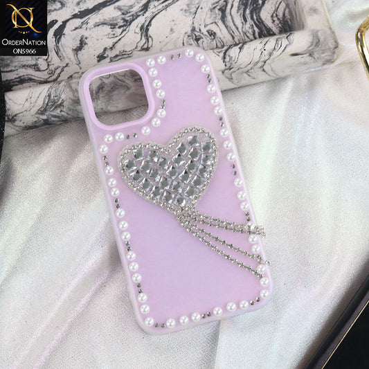 iPhone 14 Cover - Purple -  Stuninng Pearls And Heart Shaped RhineStones Hard Case With Double Protective Layers