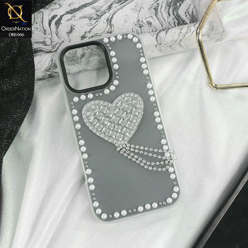 iPhone 14 Pro Max Cover - Black -  Stuninng Pearls And Heart Shaped RhineStones Hard Case With Double Protective Layers