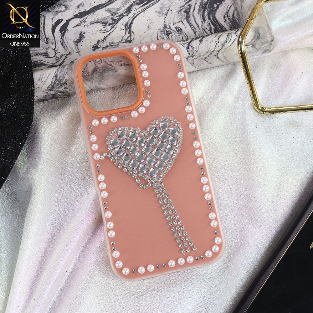 iPhone 14 Pro Max Cover - Peach -  Stuninng Pearls And Heart Shaped RhineStones Hard Case With Double Protective Layers