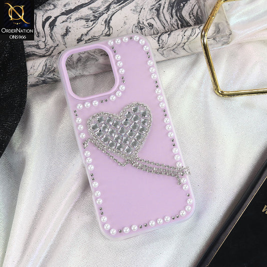 iPhone 15 Pro Max Cover - Purple -  Stuninng Pearls And Heart Shaped RhineStones Hard Case With Double Protective Layers