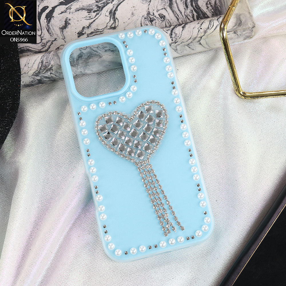 iPhone 15 Pro Max Cover - SkyBlue -  Stuninng Pearls And Heart Shaped RhineStones Hard Case With Double Protective Layers