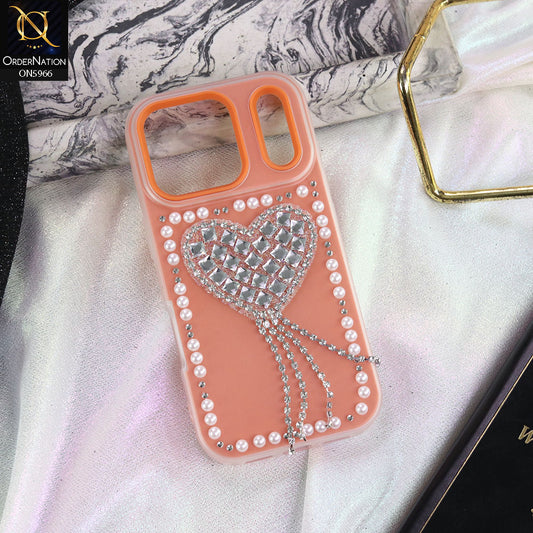 iPhone 17 Pro Cover - Peach -  Stuninng Pearls And Heart Shaped RhineStones Hard Case With Double Protective Layers
