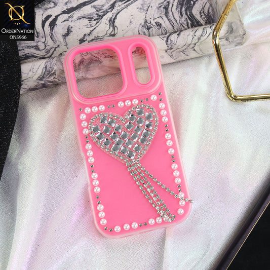 iPhone 17 Pro Max Cover - Pink -  Stuninng Pearls And Heart Shaped RhineStones Hard Case With Double Protective Layers