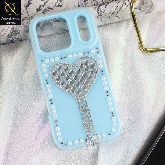 iPhone 17 Pro Max Cover - SkyBlue -  Stuninng Pearls And Heart Shaped RhineStones Hard Case With Double Protective Layers