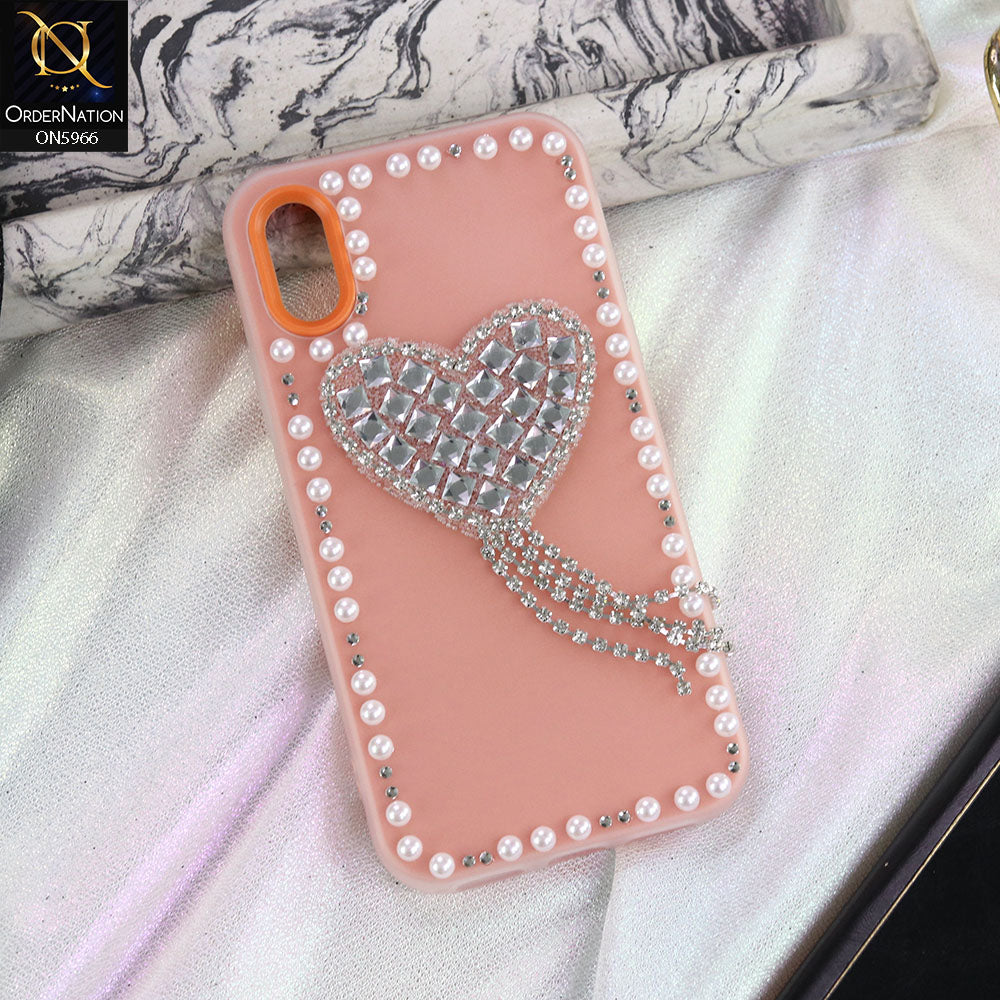 iPhone XS / X Cover - Peach -  Stuninng Pearls And Heart Shaped RhineStones Hard Case With Double Protective Layers