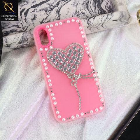 iPhone XS / X Cover - Pink -  Stuninng Pearls And Heart Shaped RhineStones Hard Case With Double Protective Layers