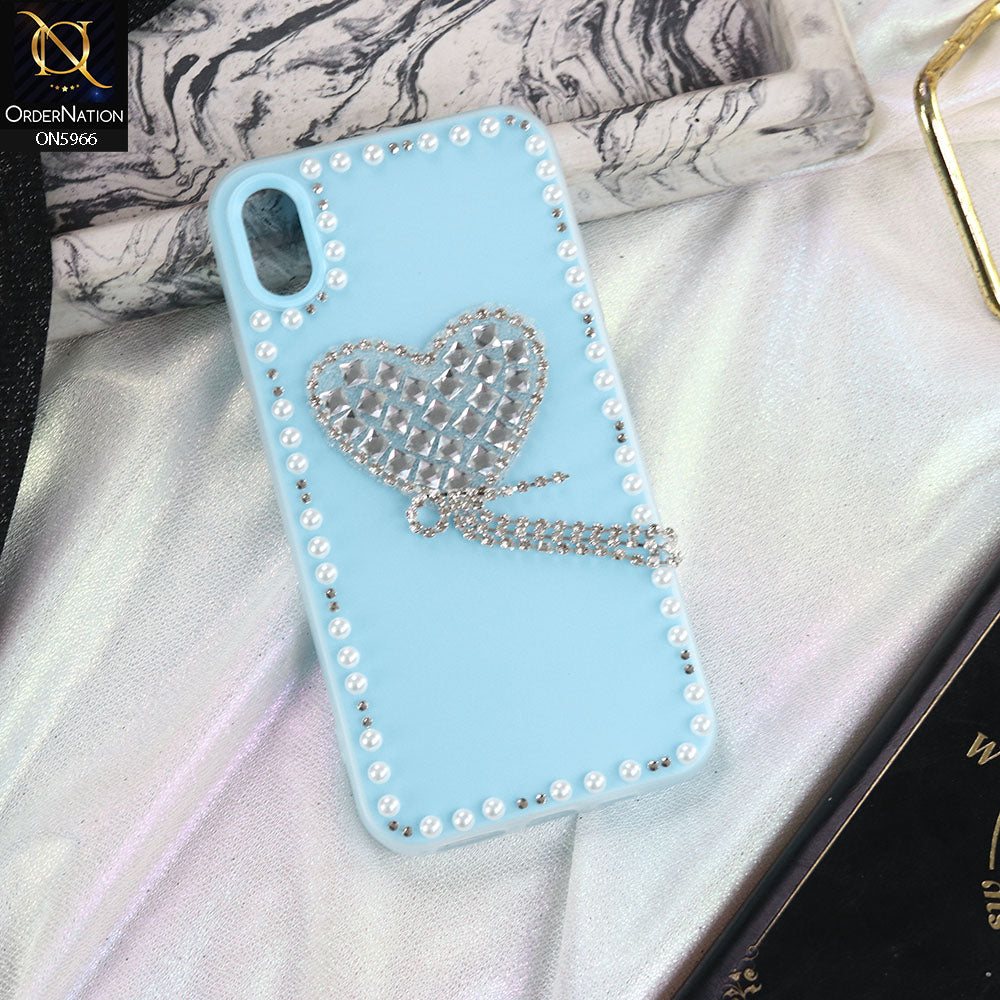iPhone XS / X Cover - SkyBlue -  Stuninng Pearls And Heart Shaped RhineStones Hard Case With Double Protective Layers