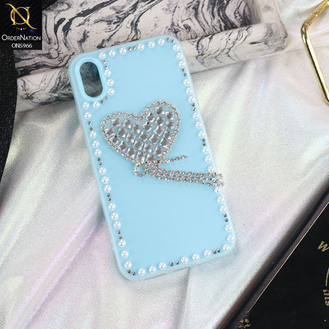 iPhone XS / X Cover - SkyBlue -  Stuninng Pearls And Heart Shaped RhineStones Hard Case With Double Protective Layers