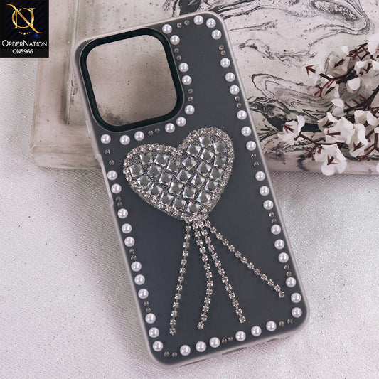 Realme Note 70T Cover - Black  - Stuninng Pearls And Heart Shaped RhineStones Hard Case With Double Protective Layers