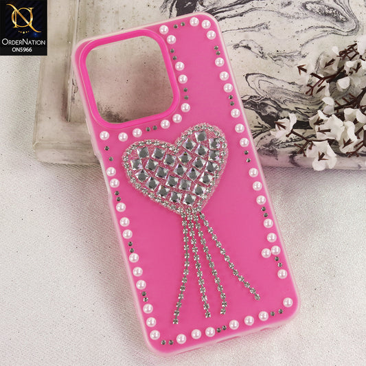 Realme Note 70T Cover - Pink  - Stuninng Pearls And Heart Shaped RhineStones Hard Case With Double Protective Layers