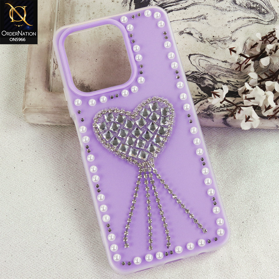 Realme Note 70 Cover - Purple  - Stuninng Pearls And Heart Shaped RhineStones Hard Case With Double Protective Layers