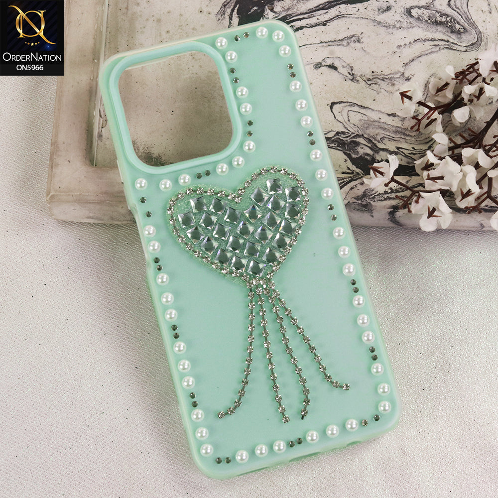 Realme Note 70T Cover - Sea Green  - Stuninng Pearls And Heart Shaped RhineStones Hard Case With Double Protective Layers