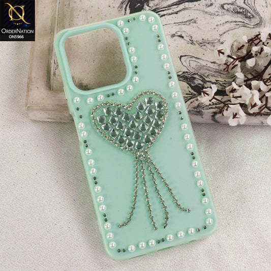 Realme Note 70T Cover - Sea Green  - Stuninng Pearls And Heart Shaped RhineStones Hard Case With Double Protective Layers