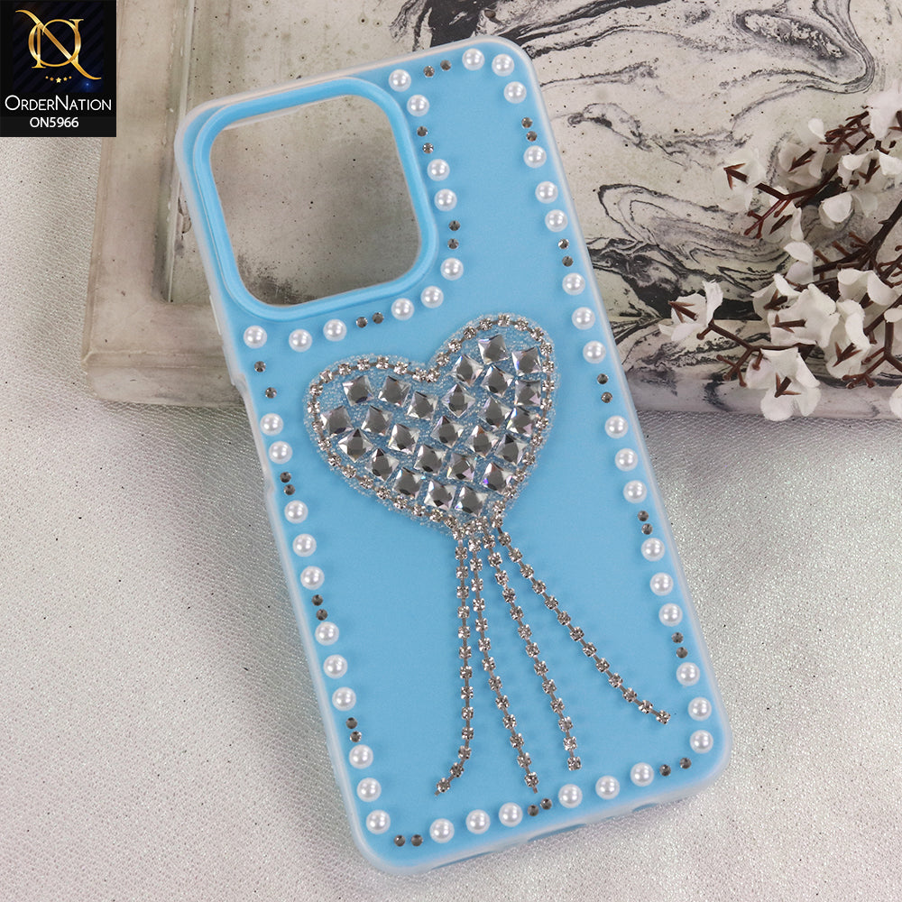 Realme Narzo 80 Lite Cover - Sky Blue  - Stuninng Pearls And Heart Shaped RhineStones Hard Case With Double Protective Layers