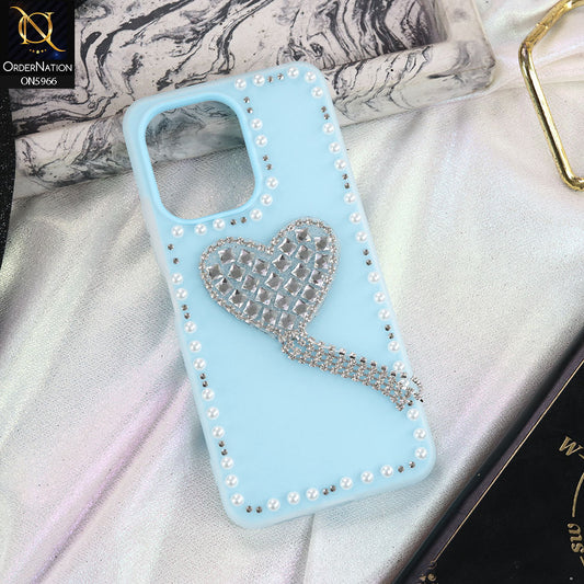 Xiaomi Poco C65 Cover - SkyBlue -  Stuninng Pearls And Heart Shaped RhineStones Hard Case With Double Protective Layers