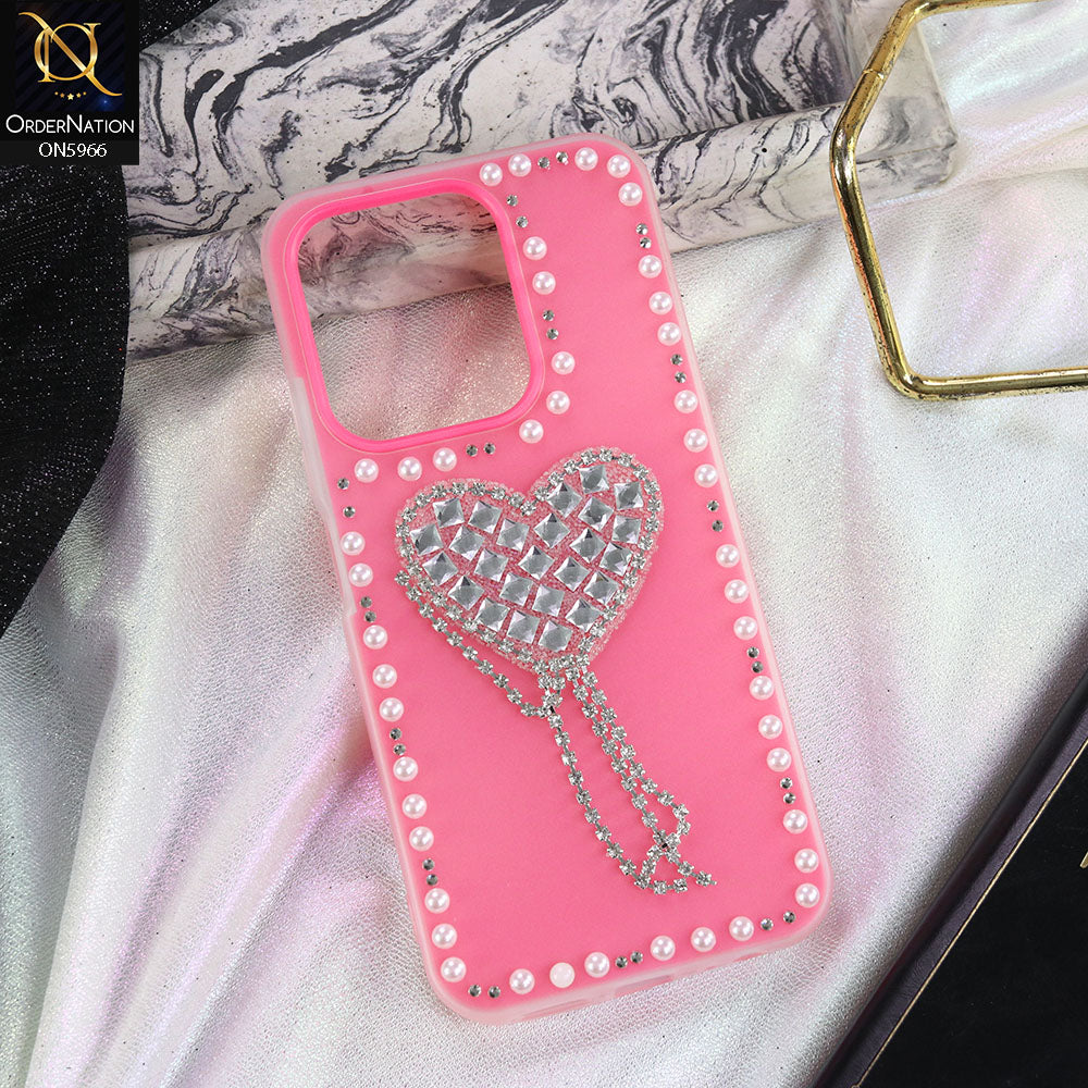 Xiaomi Poco C85 4G Cover - Pink -  Stuninng Pearls And Heart Shaped RhineStones Hard Case With Double Protective Layers