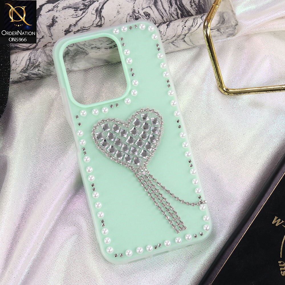 Xiaomi Poco C85 4G Cover - Sea green -  Stuninng Pearls And Heart Shaped RhineStones Hard Case With Double Protective Layers
