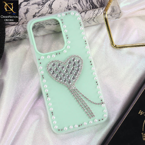 Xiaomi Poco C85 4G Cover - Sea green -  Stuninng Pearls And Heart Shaped RhineStones Hard Case With Double Protective Layers
