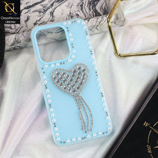 Xiaomi Poco C85 4G Cover - SkyBlue -  Stuninng Pearls And Heart Shaped RhineStones Hard Case With Double Protective Layers