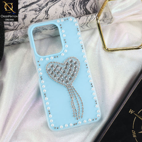 Xiaomi Redmi 15C 4G Cover - SkyBlue -  Stuninng Pearls And Heart Shaped RhineStones Hard Case With Double Protective Layers