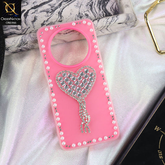 Xiaomi Redmi A3x Cover - Pink -  Stuninng Pearls And Heart Shaped RhineStones Hard Case With Double Protective Layers