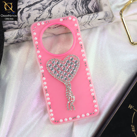 Xiaomi Redmi A3 Cover - Pink -  Stuninng Pearls And Heart Shaped RhineStones Hard Case With Double Protective Layers