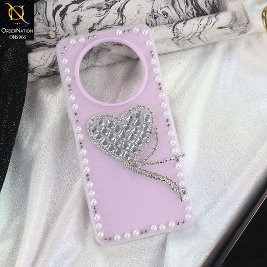 Xiaomi Redmi A3x Cover - Purple -  Stuninng Pearls And Heart Shaped RhineStones Hard Case With Double Protective Layers