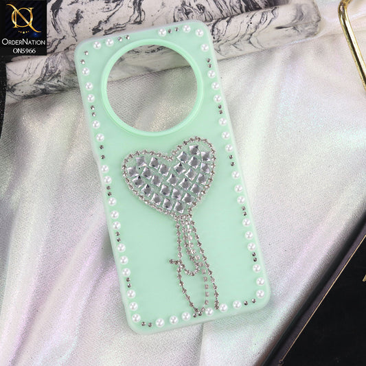 Xiaomi Redmi A3x Cover - Sea green -  Stuninng Pearls And Heart Shaped RhineStones Hard Case With Double Protective Layers
