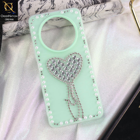Xiaomi Redmi A3 Cover - Sea green -  Stuninng Pearls And Heart Shaped RhineStones Hard Case With Double Protective Layers