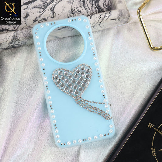 Xiaomi Redmi A3x Cover - SkyBlue -  Stuninng Pearls And Heart Shaped RhineStones Hard Case With Double Protective Layers