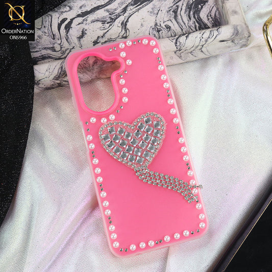 Xiaomi Redmi A5 4G Cover - Pink -  Stuninng Pearls And Heart Shaped RhineStones Hard Case With Double Protective Layers
