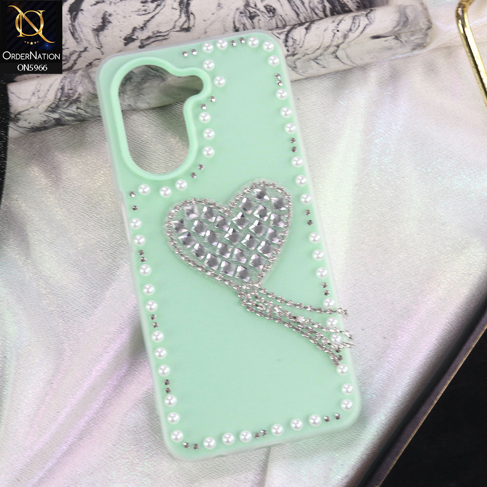 Xiaomi Redmi A5 4G Cover - Sea green -  Stuninng Pearls And Heart Shaped RhineStones Hard Case With Double Protective Layers