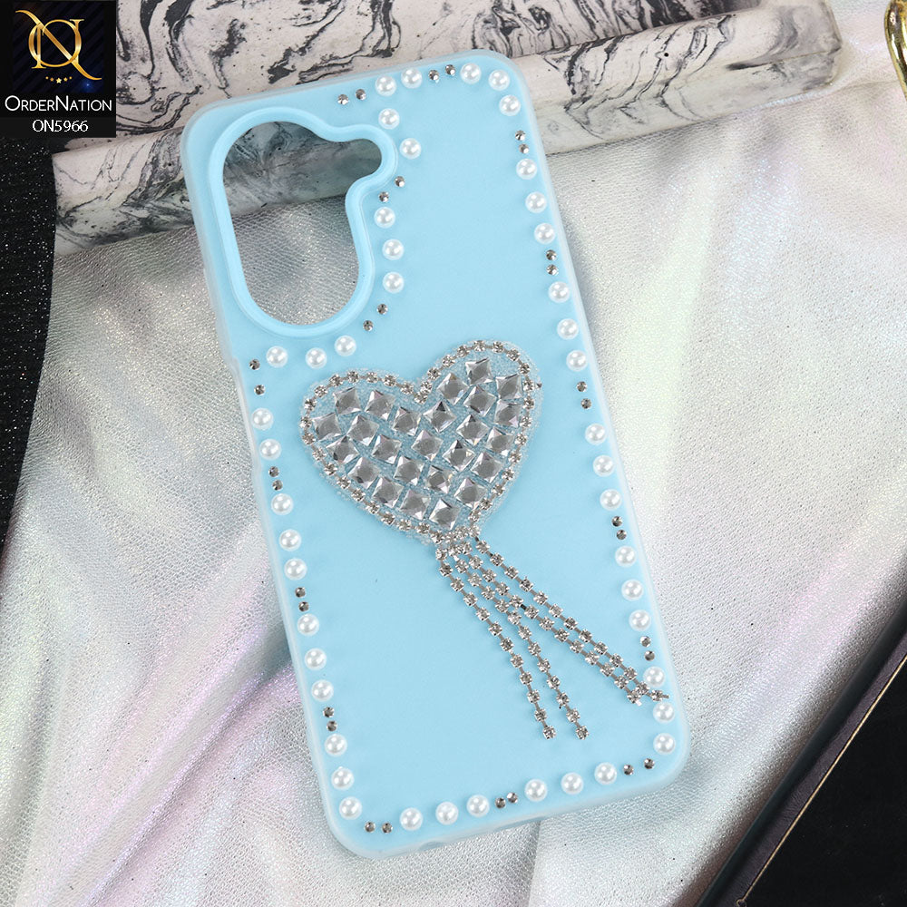 Xiaomi Redmi A5 4G Cover - SkyBlue -  Stuninng Pearls And Heart Shaped RhineStones Hard Case With Double Protective Layers