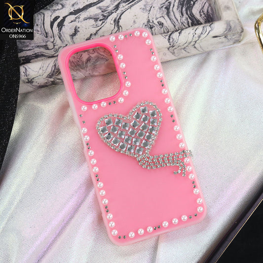 Oppo Reno 14F Cover - Pink -  Stuninng Pearls And Heart Shaped RhineStones Hard Case With Double Protective Layers