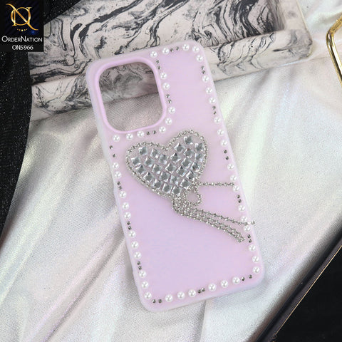 Oppo Reno 14F Cover - Purple -  Stuninng Pearls And Heart Shaped RhineStones Hard Case With Double Protective Layers
