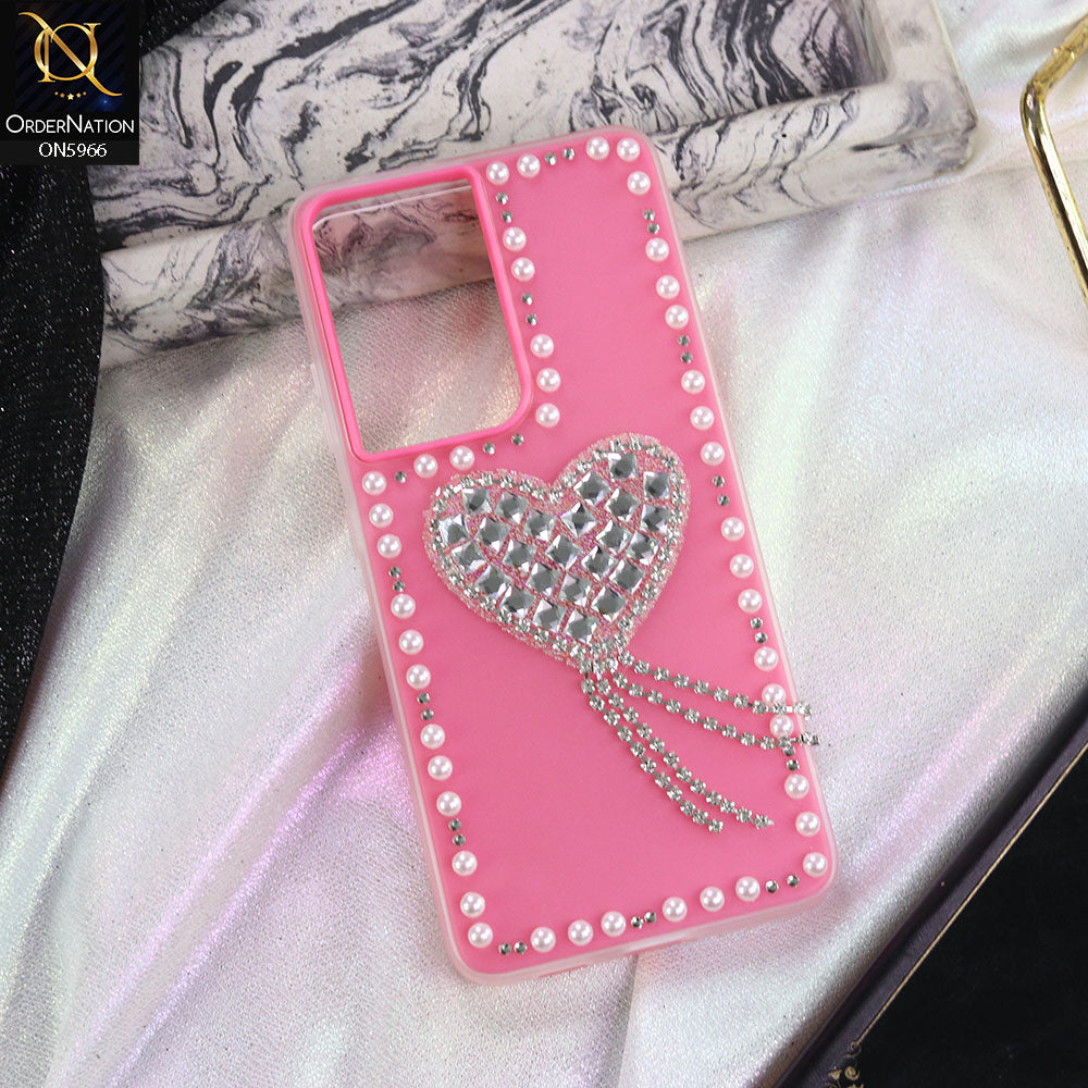Samsung Galaxy S21 Ultra 5G Cover - Pink -  Stuninng Pearls And Heart Shaped RhineStones Hard Case With Double Protective Layers