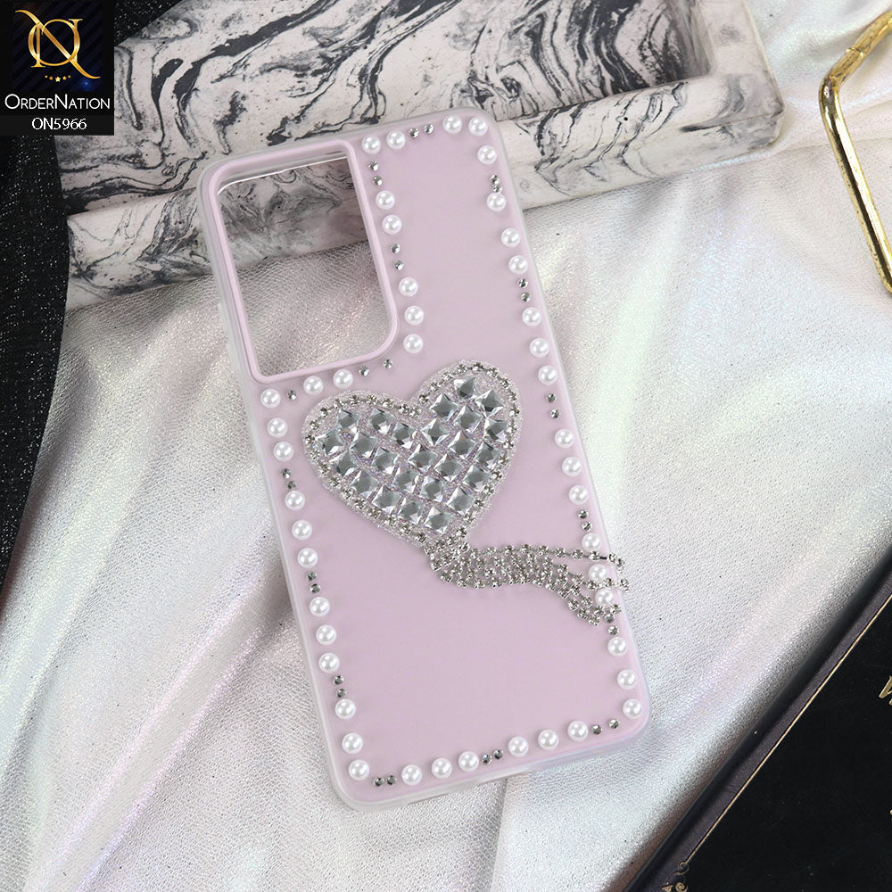 Samsung Galaxy S21 Ultra 5G Cover - Purple -  Stuninng Pearls And Heart Shaped RhineStones Hard Case With Double Protective Layers